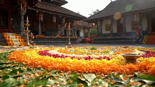 Vibrant Onam Pookalam flower rangoli with a lit oil lamp in a traditional Kerala temple.