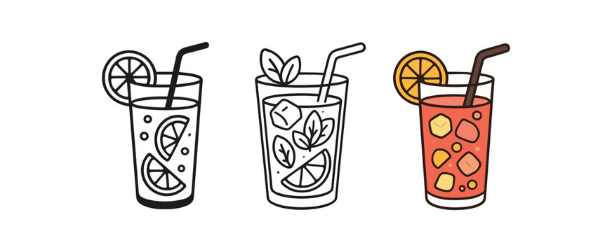Flat vector illustration summer drink glasses lemonade mojito and fruit punch soft rounded shapes clean outline one black and white flat version one outline version one color version cozy