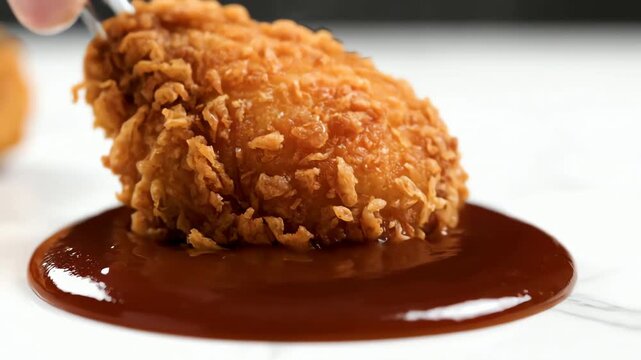 A satisfying close up of a hot crispy fried chicken nugget being dipped into savory barbecue sauce.