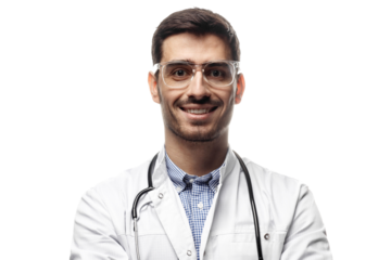 Friendly male doctor or scientist wearing glasses and a white coat, looking at the camera