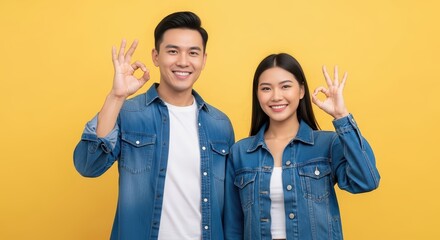 A happy Asian couple in denim jackets giving the OK sign with their hands against a yellow background