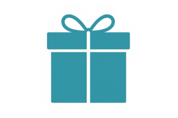 Turquoise gift box icon decorated with a ribbon, symbolizing a present, surprise, or celebration element on a transparent background