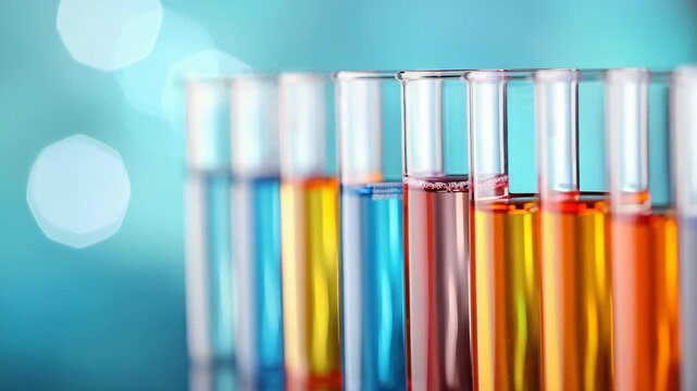 Colorful Liquid in Test Tubes: Capturing the beauty of science, a row of test tubes filled with vibrant, colorful liquids, arranged neatly in a laboratory setting. Evoking curiosity.