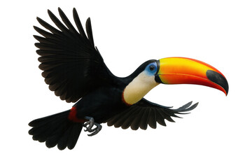 Naklejka premium Toucan bird flying, showing colorful beak, vibrant plumage, and tropical wildlife movement on transparent background