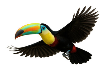 Naklejka premium Keel-billed toucan flying in dynamic pose showing brilliant colorful beak, isolated tropical bird with transparent background