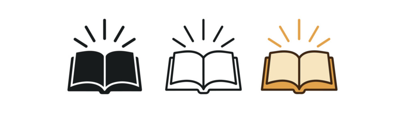 religion icons one flat solid monochrome one thin black outline black and white one full color flat icon open bible with glowing rays
