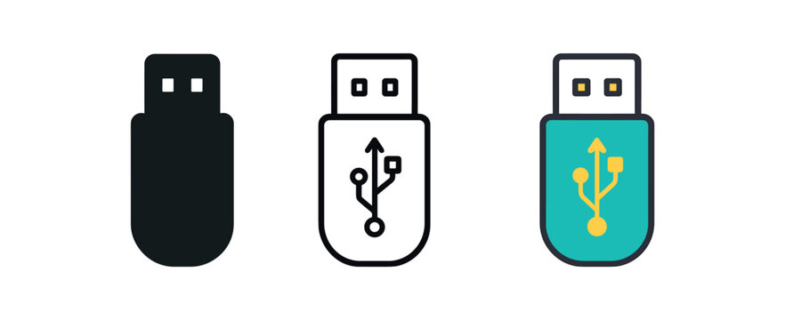 creative workspace icons one flat solid monochrome one thin black outline black and white one full color flat icon usb drive