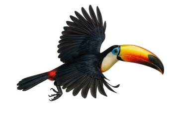 Naklejka premium Toucan bird flying, showcasing colorful beak and plumage, tropical wildlife animal on transparent background