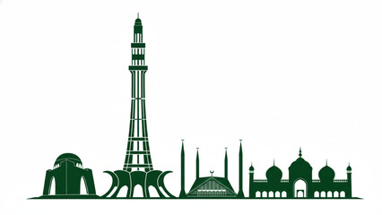 Iconic Pakistani Landmarks and Architectural Heritage Represented in a Cityscape Silhouette