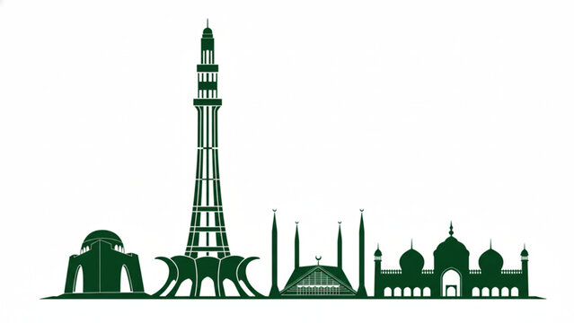 Iconic Pakistani Landmarks and Architectural Heritage Represented in a Cityscape Silhouette