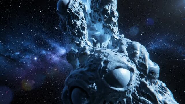 A mysterious and ancient alien biological entity with multiple eyes floats through deep space.