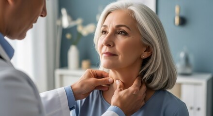 Doctor checking woman thyroid gland. Medical examination of elderly woman neck for disease detection. Health checkup and senior care concept.