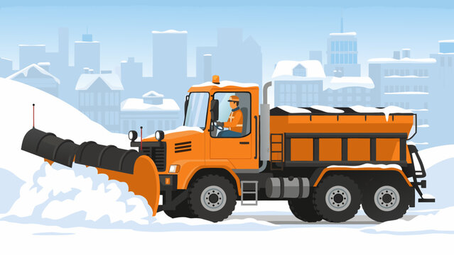 A heavy-duty municipal snowplow truck with a large black V-plow on the front clearing snow in urban environment, snow removal for city streets, winter chore picture, vector  