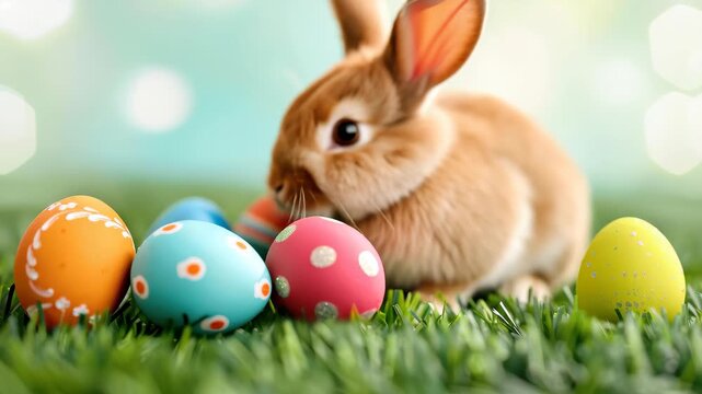 Easter Bunny and Decorated Eggs: A fluffy bunny sits among vibrant, decorated Easter eggs, a symbol of springtime joy and renewal, set against a backdrop of soft, inviting bokeh.