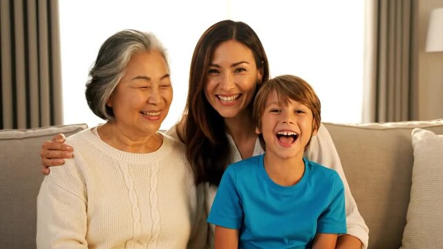 Happy multi-generational Asian family laughing together on a living room sofa