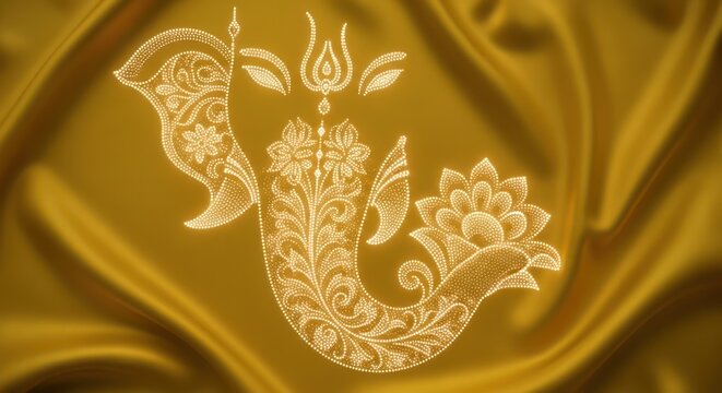 Luxurious Golden Ganesha Silhouette Adorned with Intricate Dotwork on Silken Fabric