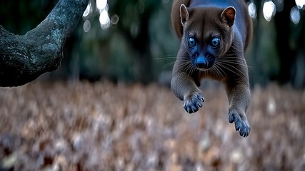 Obraz premium Fossa Leaps Between Trees in Madagascar During Daytime