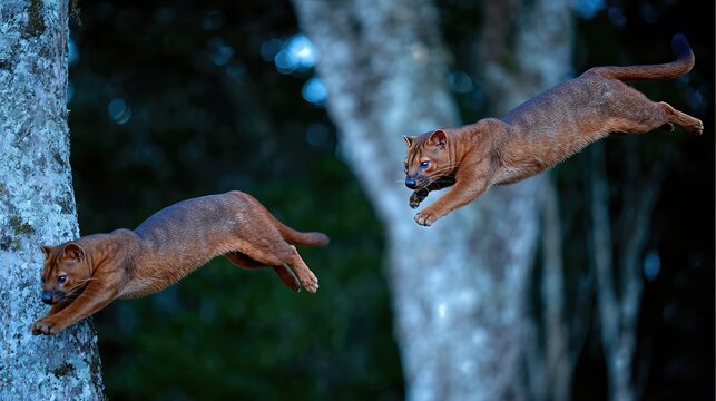 Fossa Jumps Between Trees in Madagascar During a Lively Moment in the Wild - Powered by Adobe