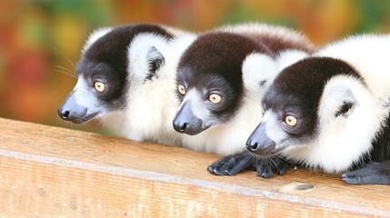 Fototapeta premium Ruffed Lemurs Interact on a Wooden Ledge in Madagascar During the Day