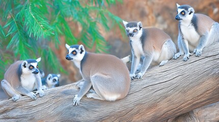 Fototapeta premium Group of Lemurs Resting on a Tree Branch in Madagascar During Daylight Hours