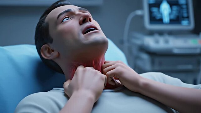Animated man in a hospital bed clutching his throat in severe pain showing red inflammation