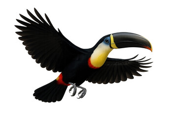 Naklejka premium Toucan bird flying, a tropical animal with large beak soaring through air with transparent background