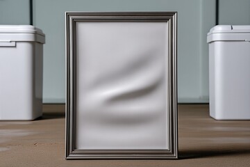 Mockup of a Blank Framed Print Leaning Against a Wall in a Modern Setting With Bins
