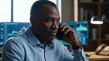 Serious African American businessman talking on the phone in a modern office with stock market data on monitors - Powered by Adobe