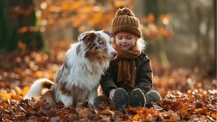 Adorable child and loyal dog enjoying a beautiful autumn day surrounded by colorful fallen leaves