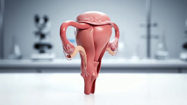 Rotating 3D model of the female reproductive system in a science laboratory setting. Medical animation showing the uterus, ovaries, and fallopian tubes.