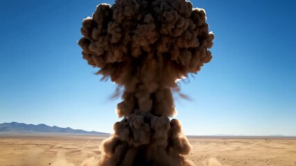 Spectacular fiery explosion creating a massive mushroom cloud and crater in a vast desert landscape - Powered by Adobe
