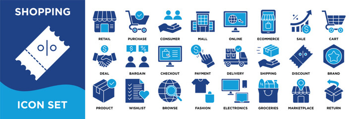 Blue shopping icon collection set. Containing  retail, ecommerce, payment, delivery, and product symbols for shoppers. illustration easy to edit