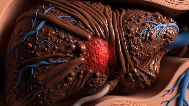 Close up animated progression of healthy liver to diseased liver with inflammation and damage