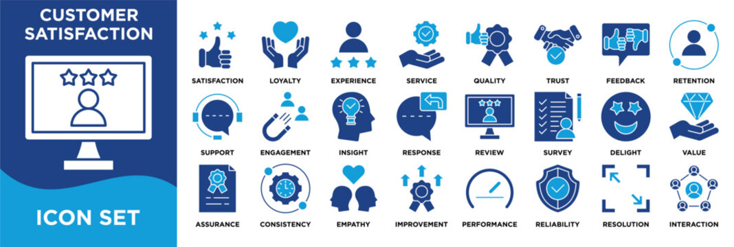 customer satisfaction icon collection set. Containing  service, loyalty, feedback, trust, and experience. blue color vector
