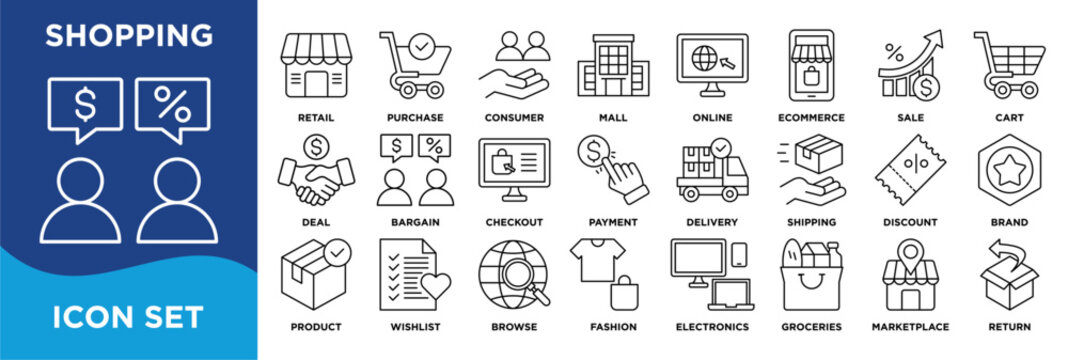 shopping icon collection set. Containing  retail, ecommerce, checkout, payment, delivery, discounts, products, fashion, groceries, and marketplace. line vector easy to edit