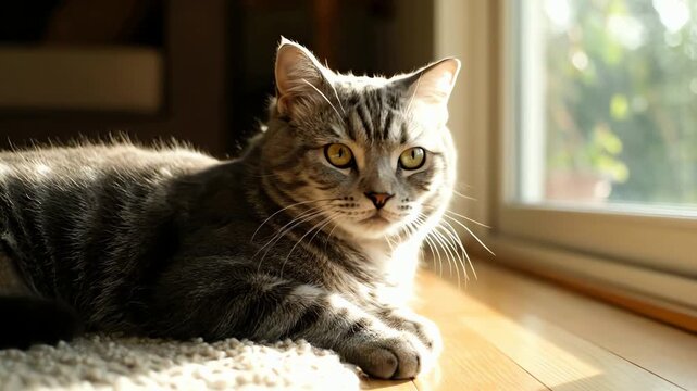 A cute grey tabby cat purring contently while basking in the warm morning sun by a window