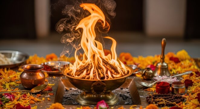 Sacred Flames Rise Above Elaborate Ritual Altar with Offerings and Incense Smoke