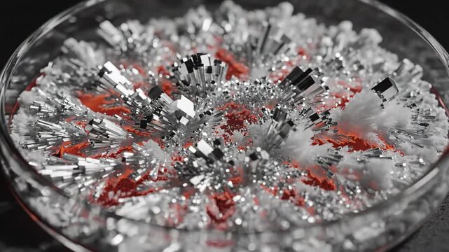 Intricate crystalline structures forming with rapid precision, showcasing scientific marvels in a heated environment