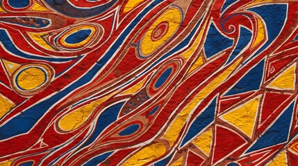 Dynamic Southern Ndebele mural style featuring curved lines textured pigments saturated primary colors.