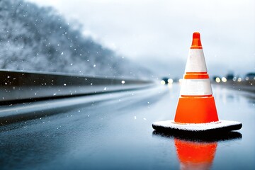 Winter Storm Warning With Traffic Cone on Wet Road During Snowfall in a Rural Area at Daytime