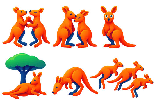 Kangaroo Icon Set. 3D icon set of kangaroo interactions: boxing kangaroos, grooming pair, curious stare, resting under shade,
