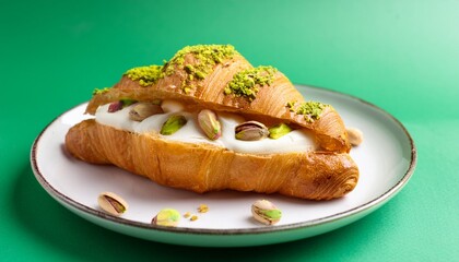 croissant with sweet cream filling and pistachio nuts on a vibrant green background bakery dessert for breakfast