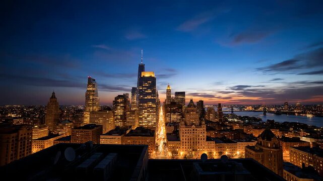 A stunning day to night timelapse of a modern cityscape with illuminated skyscrapers and a colorful sunset sky