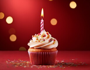 birthday cupcake with candle on red background celebration theme
