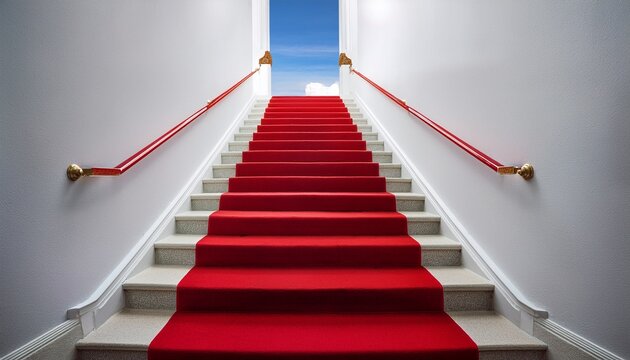 white staircase with red carpet - Powered by Adobe