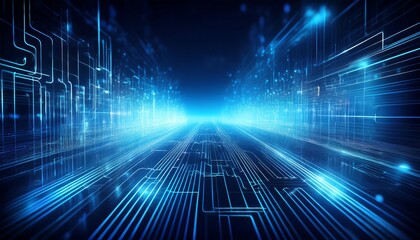 blue glowing light trails and bokeh over circuit board abstract data transmission network line digital technology background