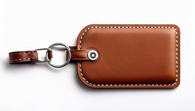 brown leather luggage tag with metal ring and stitching detail on white background