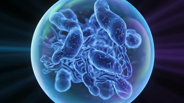 Scientific 3D animation of a glowing blue microscopic parasite cyst with internal organisms