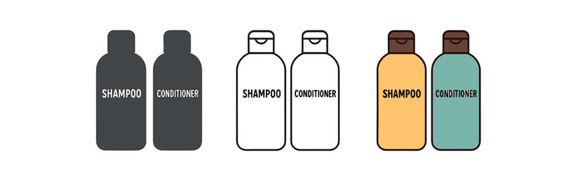 self care icons one flat solid monochrome one thin black outline black and white one full color flat icon shampoo and conditioner