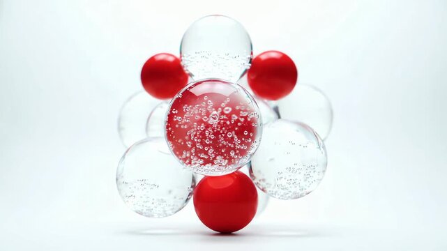 Abstract 3D animation of transparent capsules with fizzing bubbles and red pills in a balanced structure on a white background.